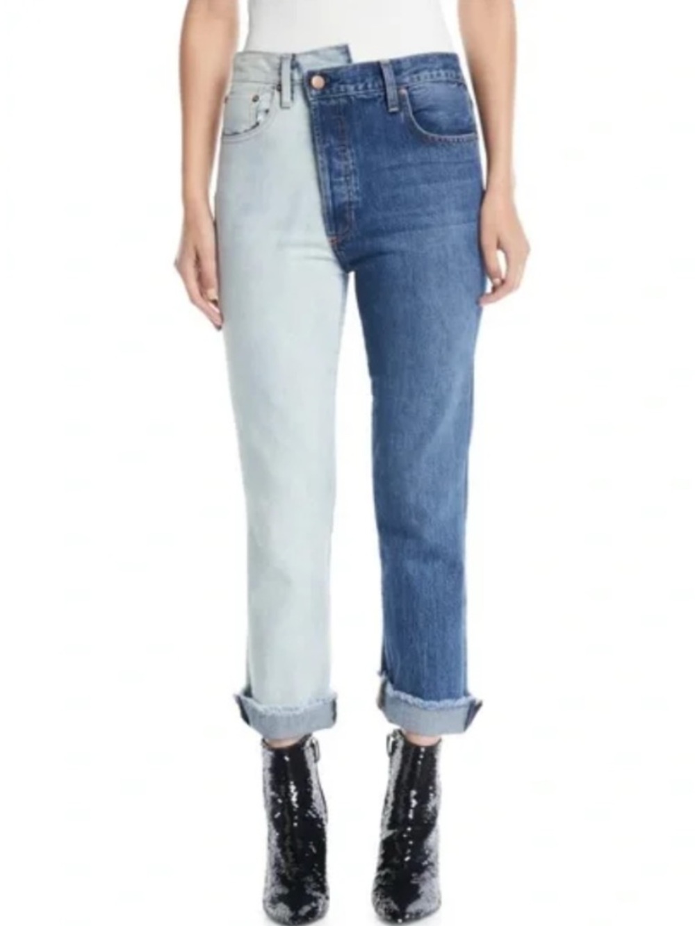 Alice + Olivia Two-Tone Light and Dark Blue Boyfriend Jeans